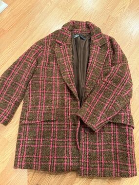 Zara Brown & Pink Plaid Blazer Jacket
